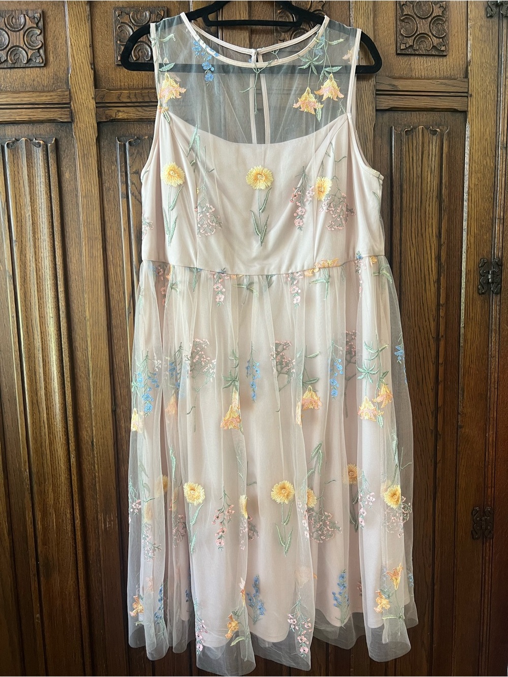 Jessica Howard Embroidered Floral Mesh Dress 14W Blush Midi
